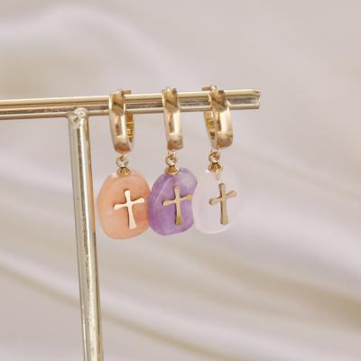 China Wholesale Irregular Natural Stone Women's Cross Stainless Steel Jewelry CLASSIC Crystal Quartz Pendant Hoop Earrings for sale