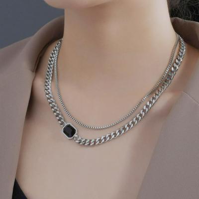 China Double Layer Titanium CLASSIC Hip Hop Geometric Punk Steel Iced Out Cuban Black Crystal Clavicle Chains Necklaces Chain Necklace for sale