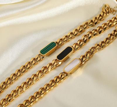 China Chunky Thick Miami Cuban Chain Bracelet 18K Gold Punk Plated Natural Stone Shell Cuban Stainless Steel Malachite Bracelet for sale