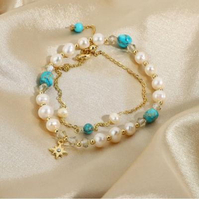 China CLASSIC custom 2pcs set natural freshwater turquoise pearl beaded bangles star status charm elastic bracelet for women for sale