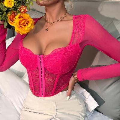 China Sexy Yarn Breasted Fishbone Bra V-Neck Top Girl Shirt Anti-Shrink Lace Perspective Mesh Long Sleeve Hot Top Female Corset for sale