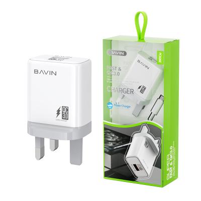 China Wholesale Mobile Phone BAVIN UK Plug QC3.0 Usb Charger Travel Wall Fast Charging Mobile Chargers With Type-C Data Cable For Phone for sale