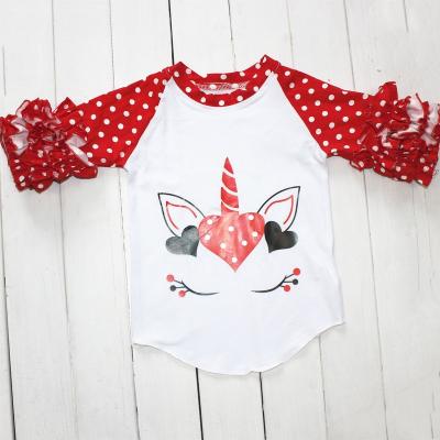 China Wholesale breathable unicorn print girl infant ruffle raglan shirts Spring kids tops kids boutique clothing valentines for sale