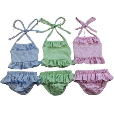 China Hot Sale Fashion Cotton Seersucker Children Breathable Swimwear Set Boutique Girls Swimwear Baby Swimming Equipment Kids Bikini Beach Wear for sale