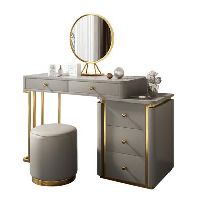 China Customizable Modern Dressing Table With Mirror And Stool Stainless Steel Luxury Leather Mirrored Makeup Table With Drawers For Girls for sale