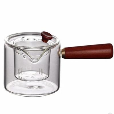 China Sustainable wholesale clear borosilicate  heat resistant glass teapot with wood handle for sale