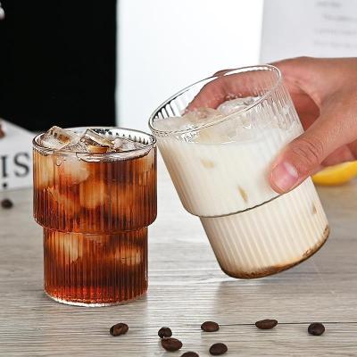 China Sales 400ml High Borosilicate Coffee Juice CLASSIC Hot Heat Resistant Stripe Glass Mug for sale