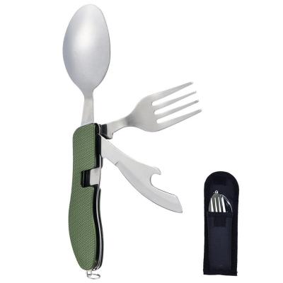 China Camping Drinking and Cut Camping Utensil Stainless Steel Fork Knife Spoon Bottle Opener 4-in-1 Set with Storage Case for sale