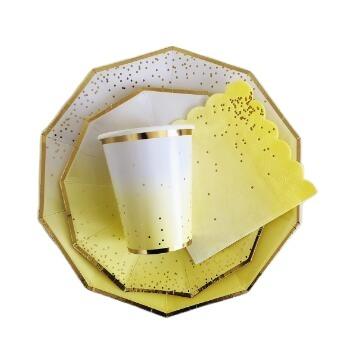 China Hot Stamping Tray Set Yellow Magic Color Dot Series Paper Tray Cup Paper Towel Set Disposable Decagonal Paper Towel for sale