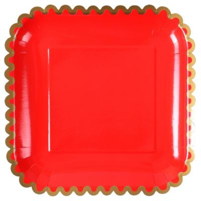 China Disposable Paper Plate Paper Cup Stripes Rectangle Party Red Paper Plates for sale