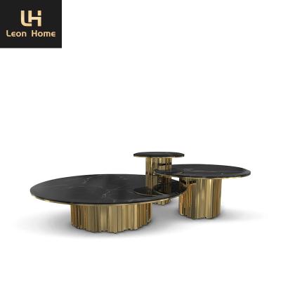 China Black Marble Top High quality luxury gold stainless steel center table set modern black round marble coffee tables for sale