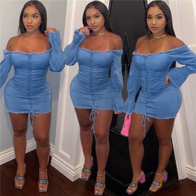 China Customized LOGO breathable plus size women's new fashion blue denim sleeveless strapless flare dress BN096 for sale