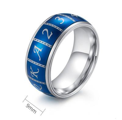 China Spinner New Arrival 9mm Card Number Letter Design Tungsten Carbide Spinner Game Rotating Rings For Men for sale