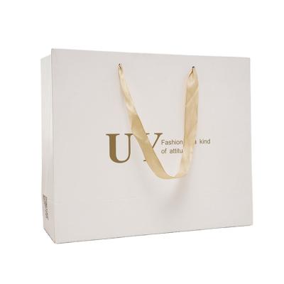 China Custom Recyclable Luxury White Paper Shopping Bag Ad Printing Mailing Bags With Gold Logo For Gifts Clothes Make Up Packaging With Ribbon for sale