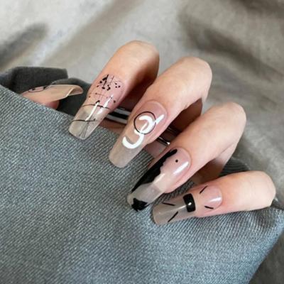 China 24Pcs Stain Fashionable French Manicure Nail Coffin Nail Wearing Removable Artificial Press On Nail For Women for sale