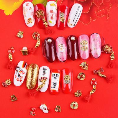 China Alloy New Year Nail Art Jewelry Lucky Cat Fortune Nail Diamond Alloy Tassel Pendant Ornament for sale