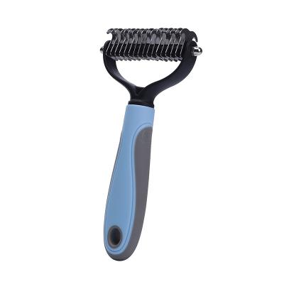 China New 2021 Amazon Viable Success ReleasePet Hair Removal Comb Double Sided Blades Fur Dematting Trimmer Deshedding Brush Grooming Tool for sale