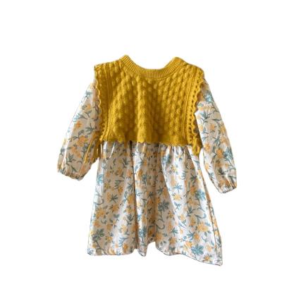 China Breathable Kids Dress Vestidos Girls Child Long Sleeve Princess Dresses And Knitted Vest Toddlers Spring Autumn Floral Clothes Y0053 for sale