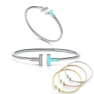 China New CLASSIC double T bangles bracelets cuff bracelet 925 sterling silver for women men tiff thin silver bracelet logo zircon bracelet for sale