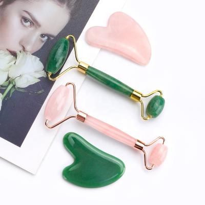 China Natural Crystal Roller Face Lift Massager Beauty Tool Set Facial Massage Jade Roller Gua Sha Set Jade Scraper Rose Quartz Stone Massage SAP for sale