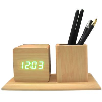 China Class Best Gift Idea Minimalistic Multifunctional Digital Clock With Pen Holder In Bamboo for sale