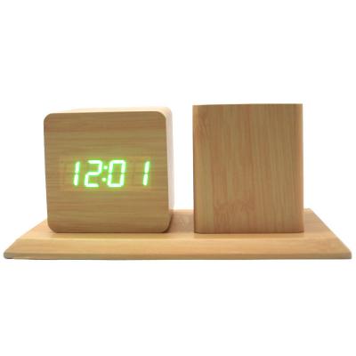 China Class Corporate Gifts Wooden Pen Holder Organizer Clock with LED Alarm Clock for sale