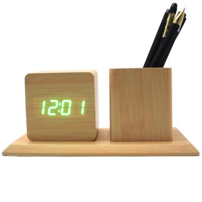 China Wholesale Wooden Calendars Custom LED Pen Holder Desktop Clock Alarm Clock for sale