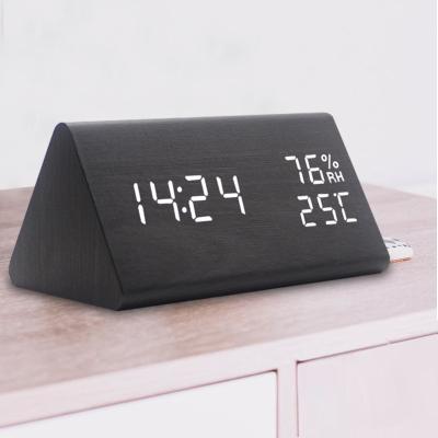 China Wholesale Expressed Controlled Wooden Desk Calendars Triangle Digital Clock With Temperature Humidity for sale