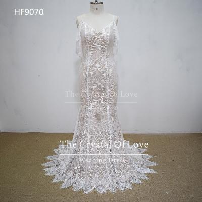 China Popular dry cleaning beach boho lace wedding dress, lace wedding dress vestidos noivas for sale