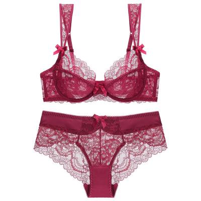 China Women Breathable Ultra Thin Underwear Lace Bra Bikini Set Gathering Cup Lace Strap for sale