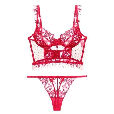 China Breathable new French sexy lingerie gathers beautiful back gauze by embroidery lace bra for women's underwear set for sale