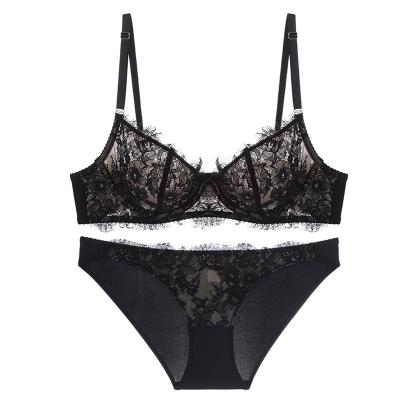 China Sexy Breathable French Ultrathin Soft Lace Bra Bra Underwear Set Gathered Big Breasts Show Small Underwear for sale