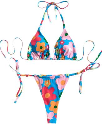 China Plus Size Women Floral Print Halter Triangle Tie Side Bikini Set Two Piece Swimwear for sale