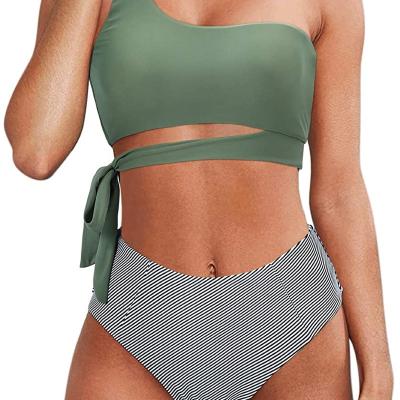 China Plus Size Women One Shoulder High Waisted Bikini Tie High Cut Two Piece Swimsuits for sale