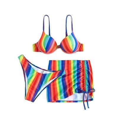 China 2022 Sexy Stripe Print Rainbow Bikini Women's Plus Size Three-Piece Skirt Swimsuit for sale