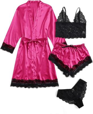 China Floral Satin QUICK DRY Cami Pajama Set Women Sleepwear 3pcs Lace Trim Set With Long Robe for sale