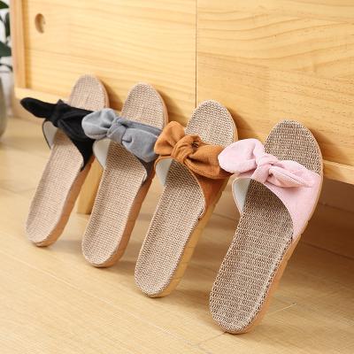 China Cute Bowknot Office Floor Fashion Trend Summer Canvas Slippers Home Non-slip Home Outdoor Indoor Female Sandals for sale