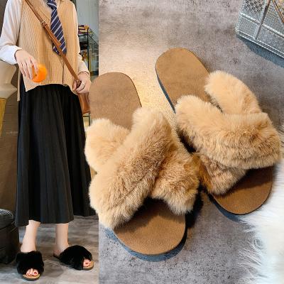 China Fashion Trend Women's Soft Indoor Home Fuzzy Sheep Skin Slippers Fluffy Open Toe Fur Slides Slippers For Ladies for sale