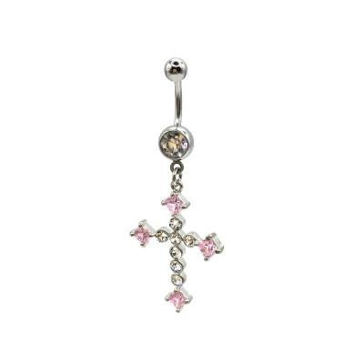 China CLASSIC Pink Zircon Cross 316 Stainless Steel Belly Ring Body Piercing Jewelry Navel Ring for sale