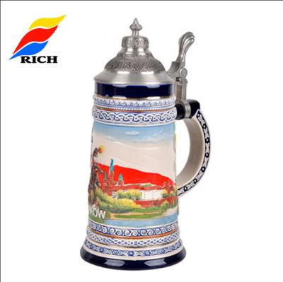 China Viable Wholesale Cheap Stoneware Beer Mug Souvenir Ceramic Beer Mug With Metal Lid for sale