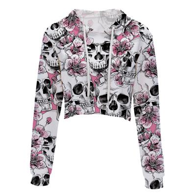 China Custom Printed 3d Skull Cropped Hoodie Full Long Sleeve Breathable Custom Women Crop Top Hoodies for sale