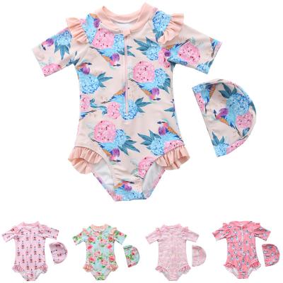 China INS Breathable Hot Style Customized Kids 0-4 Little Baby Girls Shorts Long Sleeve Sun Anti-UV Protect Front Zipper Cap One-Piece Swimsuit for sale