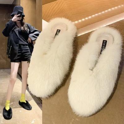 China Damping Comfortable Warm Home Slippers Latest Fur Shoes Ladies Baotou Half Clog Cotton Indoor Girls Lazy Slippers for sale