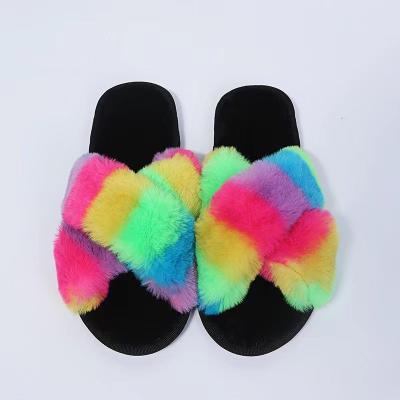 China Cushioning classic color splicing cross slippers autumn and winter women's outer wear flat shoes SA fluffy single-term Korean version of slippers for sale