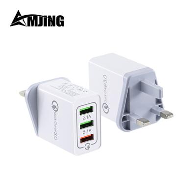 China Safety Color QC3.0 UK USA EU Plug 3 USB Travel Charger ARQC3 Multiple Fast Charging Plug High Quality for sale