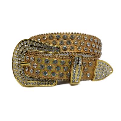 China Cowhide OEM Shimmer Diamond Western Cowboy Leather Men Studded Crocodile PU Rhinestone Designer Gold Belt for sale