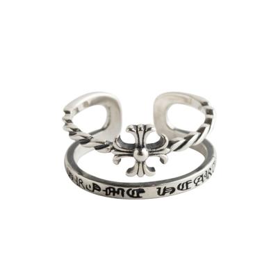 China Fashionable S925 Sterling Ailver Double Layer Hand Ring Cross Retro Silver Finger Opening Ring Girl TRENDY for sale