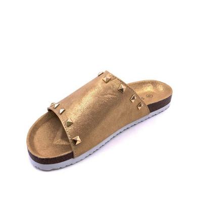 China Anti-Smell Gold Stamping Faux Suede Upper Anti Slip Women Outdoor Slippers Slides Sandals With Cork Foot Bed for sale