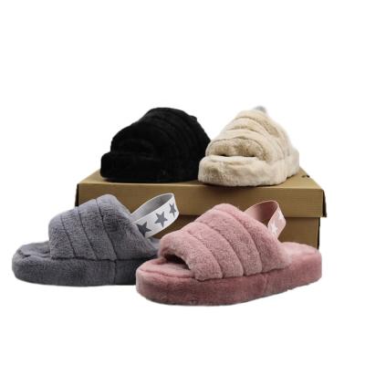 China Latest Design Fashion Trend Design Winter Stripe Sheepskin Fluffy Housewife Slippers Elastic Back Warm Faux Fur for sale