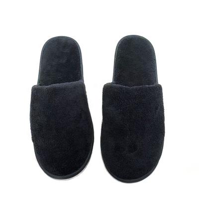 China Customized Logo Material Disposable Black Coral Soft And Comfortable Fleece Guests Hotel Slippers For Women Men for sale